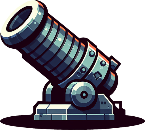 Type: 2D sprite (top-down or side view).
Style: Cartoonish or futuristic metallic cannon.
Animation: Slight recoil effect when shooting.
Size: Medium (fits at the bottom of the screen)..
Single Game Texture.  In-Game asset.  2d.  Blank background.  High contrast.  No shadows