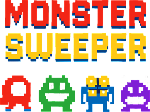 Retro pixel style from arcade. Title that reads: Monster Sweeper.
In-Game asset.  2d.  High contrast.  No shadows