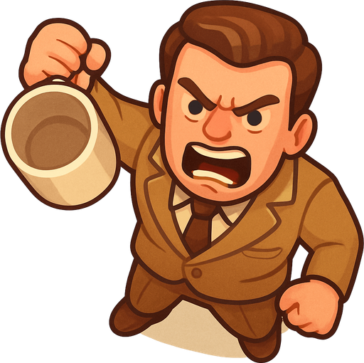 A guy in a leisure suit is 50s holding a large empty coffee cup in his arm facing down, he just threw the coffee at someone. Looks angry as fuck. Cute soft graphics. soft ambient light. semi-matte to satin surfaces. naturalistic with slight saturation boost colors. Tone is premium, friendly, clean with lifestyle or service-oriented appeal.
In-Game asset.  2d.  High contrast.  No shadows. top down. View from above..
In-Game asset.  2d.  High contrast.  No shadows