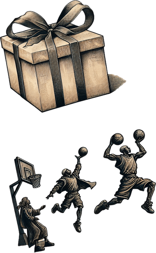 a pergament with a present throwed by someone into a basket at top, at the bottom there is the text: "There are many ways of how can throw a present. Let it just fall or throw it like a basketball."