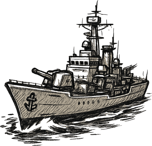 sketch tarzında cruıser savas gemısı.
In-Game asset.  2d.  High contrast.  No shadows