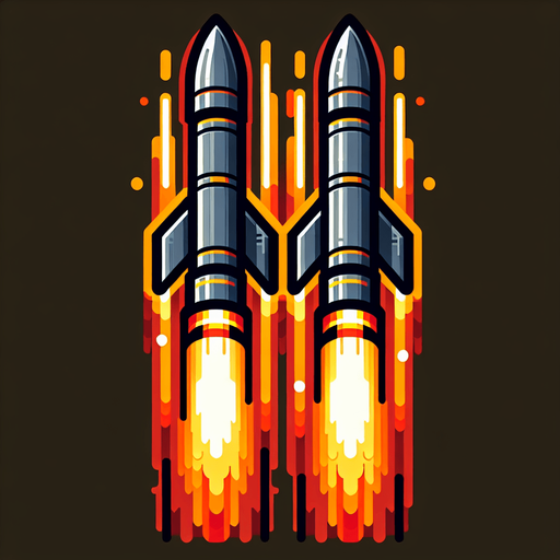 a double missile pointing vertically, with fire coming out of the rear
Single Game Texture. In-Game asset. 2d. Blank background. High contrast. No shadows.