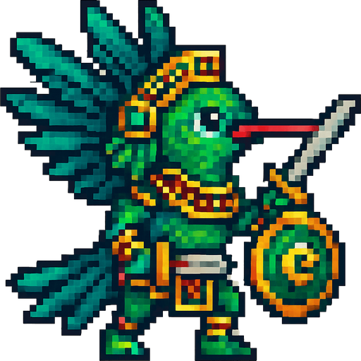 Generame un guerrero voaldor Colibrí esmeralda del Chiribiquete estilo azteca con patrones, estilo pixelar.
In-Game asset.  2d.  High contrast.  No shadows
