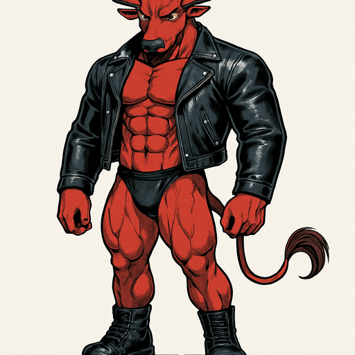 idle animation hunky Minotaur man Cyberpunk manga, minotaur monster hunk, shiny black leather biker jacket longsleeves shirtless muscles, jockstrap combat boots, Background removed, "Full-body character, entirely in frame, no cropping of face, head, or feet" "Complete character visible, from horns to hooves, fully centered in the image" "Entire character, including face and boots, fully within the frame" Character fully contained within a square frame, no edges cut off fashion model idle pose