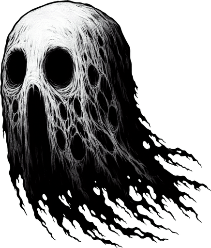 spooky ghost.
Single Game Texture. In-Game asset. 2d. Blank background. High contrast. No shadows.