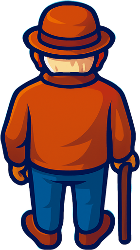 An old man with a cane and hat. Still facing straight forward with back facing straight down.