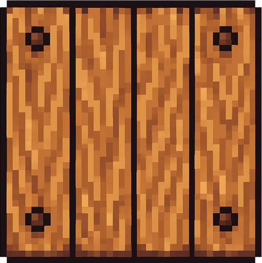 Vista cenital de una sola baldosa de puerta de madera, aislada, vista desde arriba, estilo pixel art 2D para videojuego, textura continua y repetible, sprite de 32x32. Sin manija, sin bisagras, sin marco, solo tablones de madera con clavos decorativos. Textura de vetas estilizadas. Arte estilo hecho a mano. Alto contraste, sin sombras. Sin fondo.