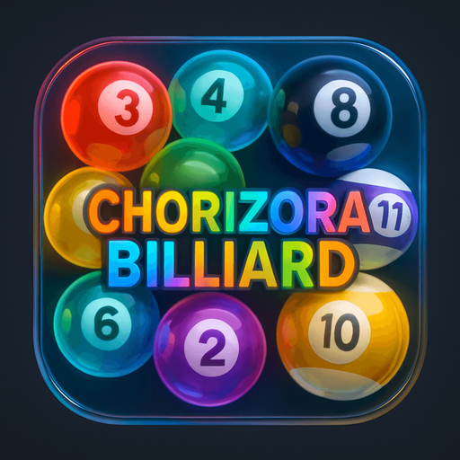Modern App Store icon, high definition, square with rounded corners, transparent glass neon balls of billiard, high definition, HD colors, for a game named it "Chorizora Billiard". with text on the middle of the icon with many colors "Chorizora Billiard" !