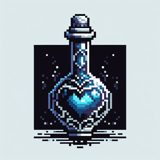 gothic pixel art potion with a blue heart symbol
Single Game Texture. In-Game asset. 2d. Blank background. High contrast. No shadows.