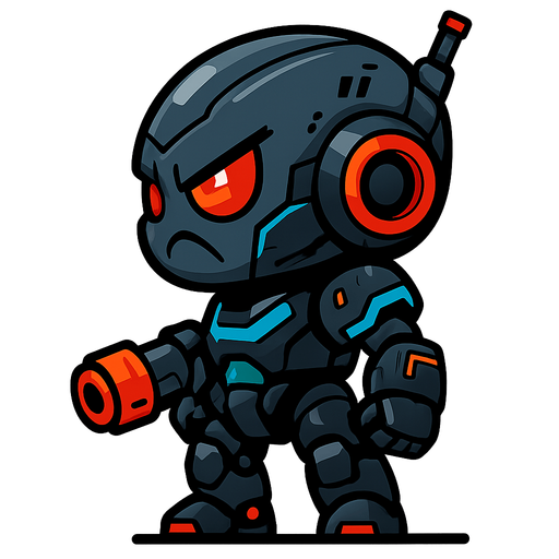 Side view, angry cyberpunk robot, looking left. full body, cute but aggro
In-Game asset.  2d.  High contrast.  No shadows