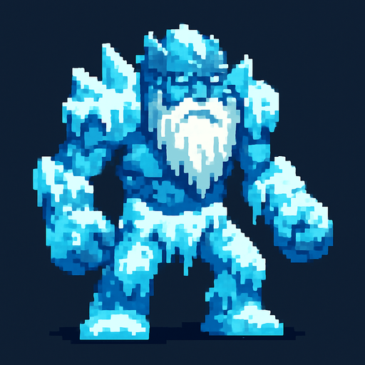 buz golemi (sakalıı buz güzlü  kar gibi yerleri olan ama buz olan yerleride olan ) pixel art bide.
In-Game asset.  2d.  High contrast.  No shadows