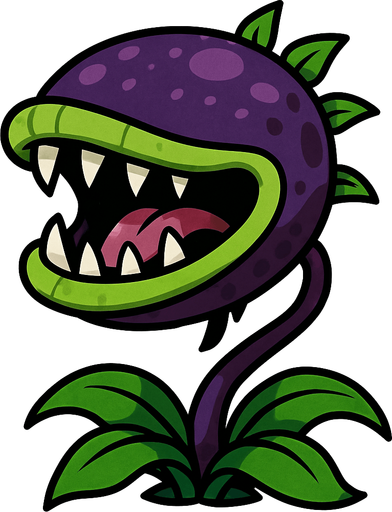 Planta Carnívora con una cabeza grande y ovalada de color púrpura oscuro, salpicada con manchas más claras del mismo tono. Su boca es enorme, bordeada por un labio verde lima y llena de dientes blancos y afilados. Dentro de su boca, se ve una lengua rosada y una garganta oscura. Un tallo delgado y púrpura sostiene la cabeza, y en su base, tiene varias hojas verdes que se curvan hacia abajo. Pequeñas hojas puntiagudas también brotan de la parte superior y trasera de su cabeza..
In-Game asset.  2d.  High contrast.  No shadows