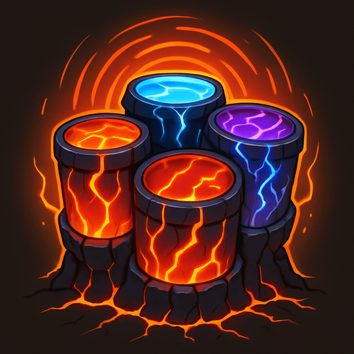 Una estructura imponente, como una batería gigante, con tambores hechos de cristales vibrantes o rocas volcánicas incandescentes. Podría tener vetas de energía luminosa (magma, hielo o electricidad) recorriendo su superficie, y un aura de pulsaciones rítmicas visibles. La base podría estar agrietada por la energía que emana..
In-Game asset.  2d.  High contrast.  No shadows