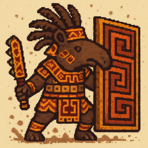 Generame un guerrero azteca con patrones, estilo pixelar, además será un animal Tapir, con efectos de tierra, cargando un gran escudo o muro..
In-Game asset.  2d.  High contrast.  No shadows