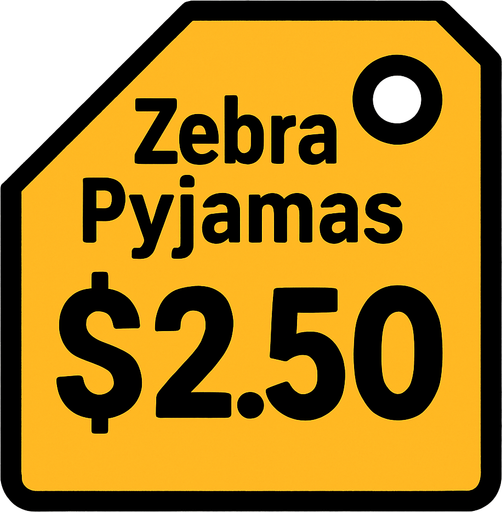 Price tag that says Zebra Pyjamas $2.50.
In-Game asset.  2d.  High contrast.  No shadows