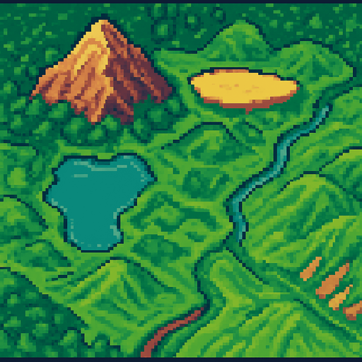 ova ya dağa platoya vadiye göle akarsuya sahip bir harita.
In-Game asset.  2d.  High contrast.  No shadows
pixelart