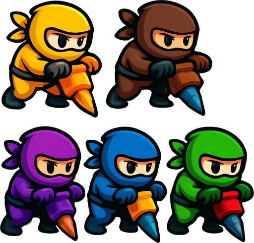 Pack of ninja characters with dig machine of sharpe rotated head of hands not trucks. different colors,yellow,pink,brown,purple,blue,green,red, HD colors