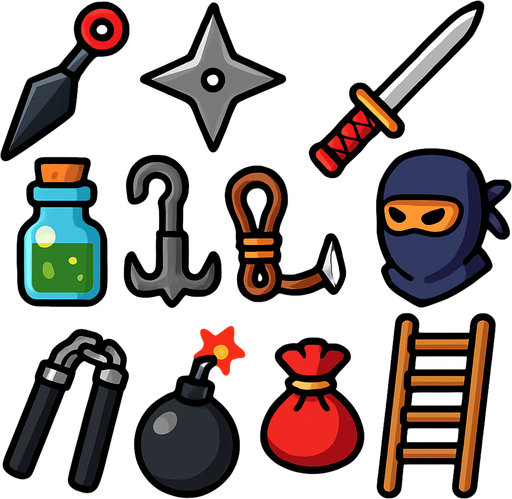 Different assets for ninja game, tools, ladder...etc..., HD colors.
In-Game asset.  2d.  High contrast.  No shadows