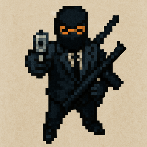 sicario vestido de negro hecho con pixeles y con armas con perspectiva desde arriba visto de frente apuntando con un arma