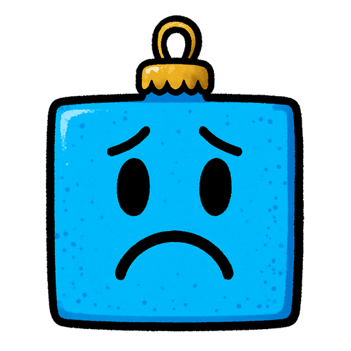 a sad Perfectly square bright blue Christmas decoration.
In-Game asset.  2d.  High contrast.  No shadows