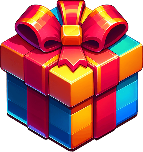 gift wrapped box, vivid colours. with bow on top Single Game Texture. In-Game asset. 2d. Blank background. High contrast. No shadows. Single Game Texture. In-Game asset. 2d. Blank background. High contrast. No shadows.