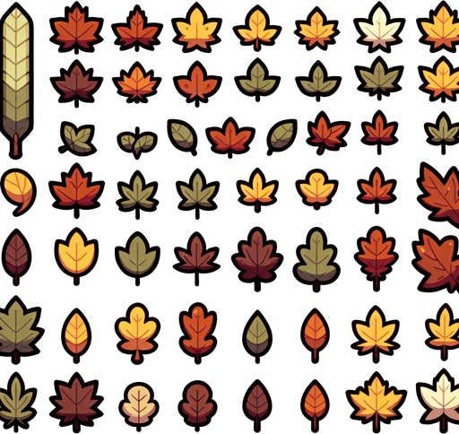 A sprite sheet of fall leaves. Cartoon.
Single Game Texture. In-Game asset. 2d. Blank background. High contrast. No shadows.