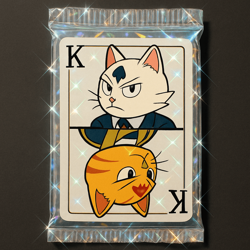 A booster pack of collectible cards in the plastic packaging. On the package is a picture of these two cats as if they are the King on a card in a deck of regular playing cards. The white one is on top facing left and the orange one is on the bottom, flipped upside down and facing right, side profile, just like a king on a regular playing card. There is a K in the top left corner to mark the King, but no suit. There are no other words on the pack. The plastic of the pack is all diamond and sparkling.