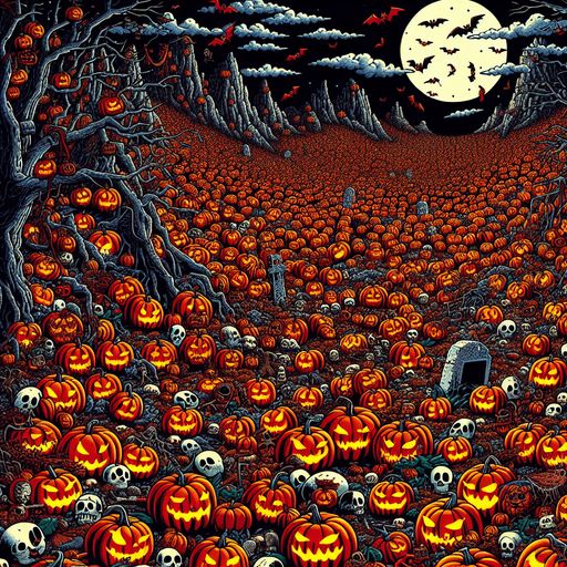Generate a high quality cartoon background Halloween image on a black canvas similar to the format of where is waldo with a hellish environment filled with pumpkins.
Single Game Texture. In-Game asset. 2d. Blank background. High contrast. No shadows.