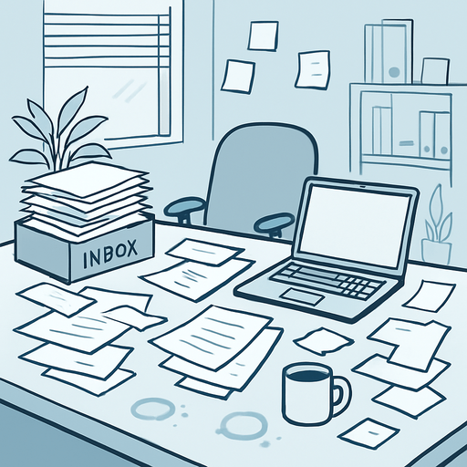 Modern office/workspace with subtle chaotic elements
Include desk with scattered papers, coffee stains, overflowing inbox, sticky notes
Light, neutral color palette (pale blue/gray) with professional appearance
Should look slightly overwhelming but clean enough to not distract from gameplay.
In-Game asset.  2d.  High contrast.  No shadows