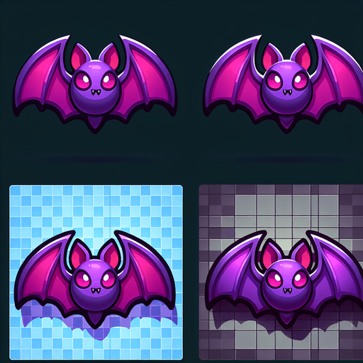purple bat.
Single Game Texture. In-Game asset. 2d. Blank background. High contrast. No shadows.