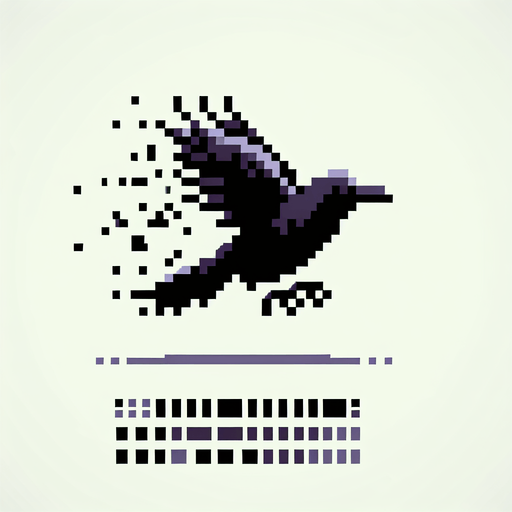 8-bit profile of crow flying straight.
Single Game Texture. In-Game asset. 2d. Blank background. High contrast. No shadows.