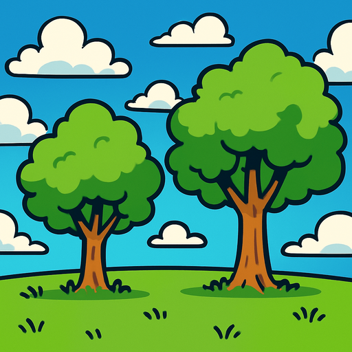mavi gökyüzü beyaz bulutlar ve yeşil bir çimenlik ve  2 adet ağaç.
In-Game asset.  2d.  High contrast.  No shadows