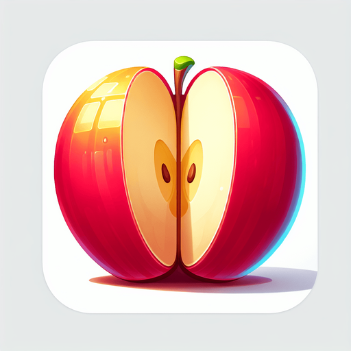 apple fruit is cut into two halves with a slight separation to match the style of Fruit Ninja.
Single Game Texture.  In-Game asset.  2d.  Blank background.  High contrast.  No shadows