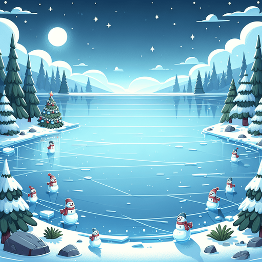 Simple Outdoor empty frozen icy lake, Christmas decorated. Camera standing at the middle of the lake looking towards shore. Cartoon. Middle of rink view. Snowmen and threes on the edge of area Single Game Texture. In-Game asset. 2d. Blank background. High contrast. No shadows.