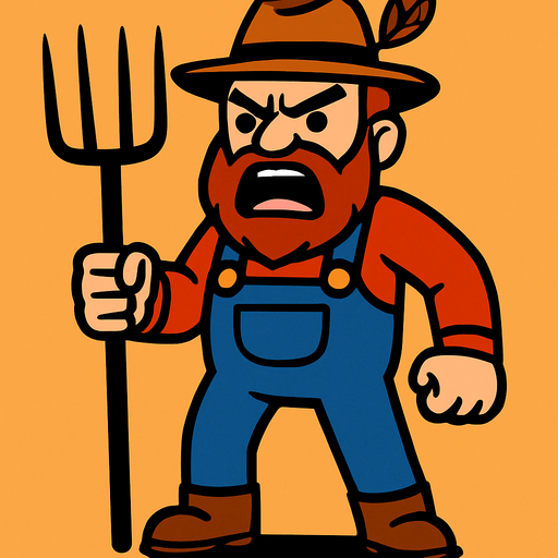 angry farmer with all body.
In-Game asset.  2d.  High contrast.  No shadows
