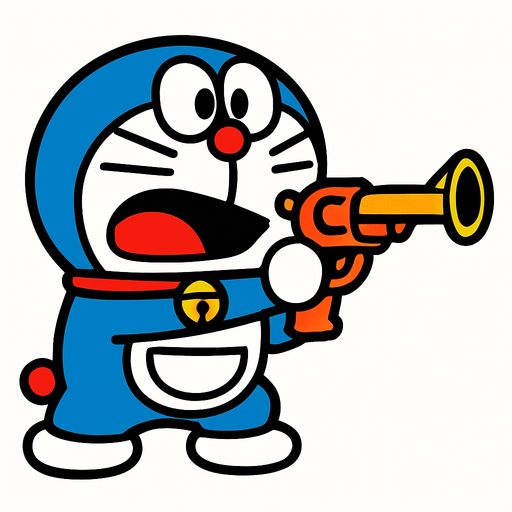 Doraemon shooting a gun.
In-Game asset.  2d.  High contrast.  No shadows