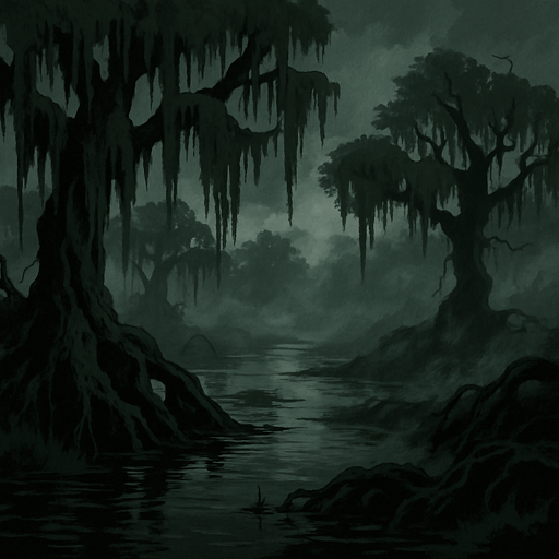 A gloomy medieval swamp with moss-draped trees, murky water reflecting a grey sky, eerie fog drifting over twisted roots, dark fantasy mood, realistic.
In-Game asset.  2d.  High contrast.  No shadows