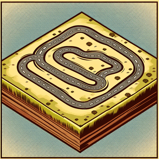 A plain in a comic style with a dirt road with 4 turn staring to top to the botom see from a top and 50 meter high view Single Game Texture. In-Game asset. 2d. Blank background. High contrast. No shadows.