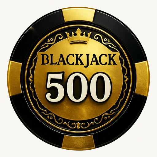 Crea un asset para una ficha de casino de $500 para Blackjack.
Color Principal: Un color muy distintivo y premium, como un dorado sólido y brillante, un plateado metálico o un negro azabache con un brillo iridiscente.
Borde/Detalles: Un borde más grueso y prominente en un color que contraste fuertemente (ej., negro sobre dorado, dorado sobre negro), y quizás un patrón de filigrana más elaborado o un diseño de corona/estrella discreto.
Valor: El número '500' grande y claro en el centro, en un color que destaque (ej., blanco, negro, o un color metálico si el fondo es oscuro), con una tipografía de casino audaz y elegante.
Estilo: Extremadamente lujoso y premium, debe ser la ficha más impresionante visualmente, coherente con 'La Tentación Dorada'.
Efectos: Un brillo intenso o reflejos que sugieran un material de altísima calidad.
Fondo: Transparente (solo la ficha)." que el texto de blackjack este aarriba.
In-Game asset.  2d.  High contrast.  No shadows