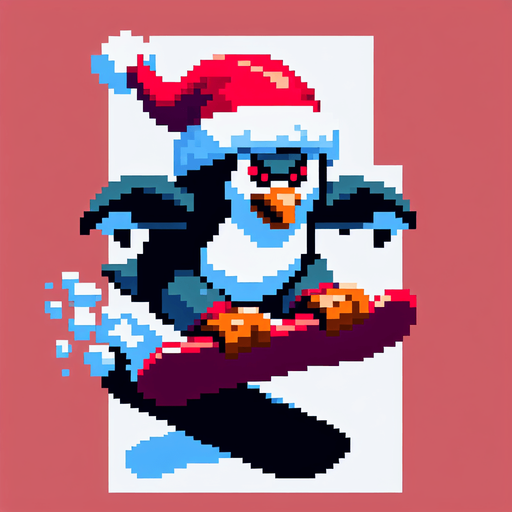 Giant angry penguin snowboarder wearing a red santa hat. top-view. gta 2. seen from above. Single Game Texture. In-Game asset. 2d. Blank background. High contrast. No shadows. pixelated. 8 bit.
A