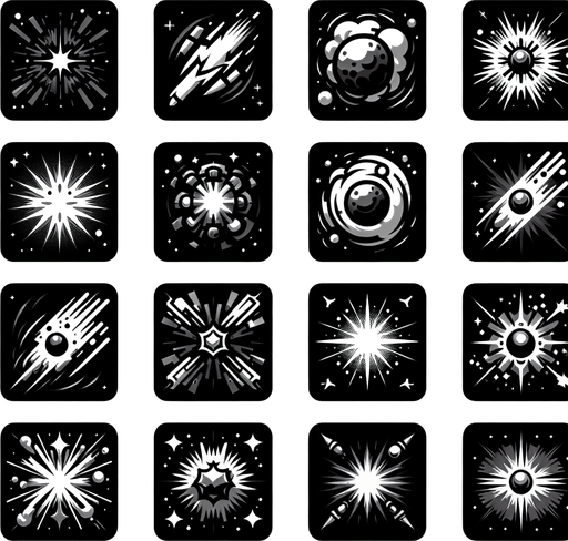 Varias explosiones espaciales pack.
Single Game Texture. In-Game asset. 2d. Blank background. High contrast. No shadows.