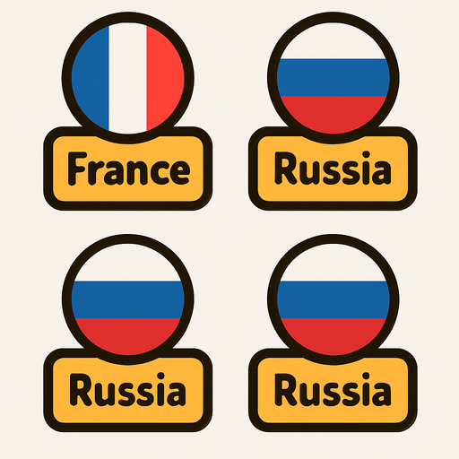 A flat, 2D game UI-style asset showing a vertical set of three country pins labeled: "France "Russia". Each pin includes a circular flag icon above the text label. The layout is columnar, cartoonish, and visually clean. Each pin should be exportable or usable individually for a mobile game's level selection screen..
In-Game asset.  2d.  High contrast.  No shadows