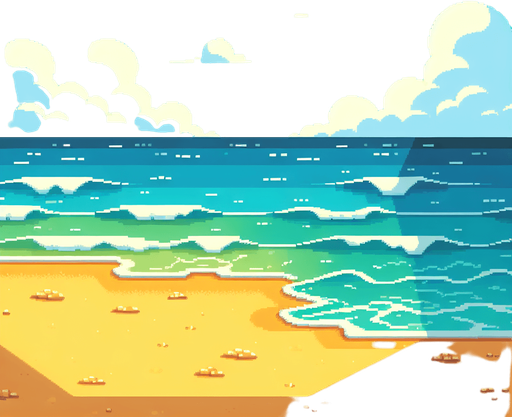 pixelart cartoon beach background for a mobile screen..
Single Game Texture. In-Game asset. 2d. Blank background. High contrast. No shadows.