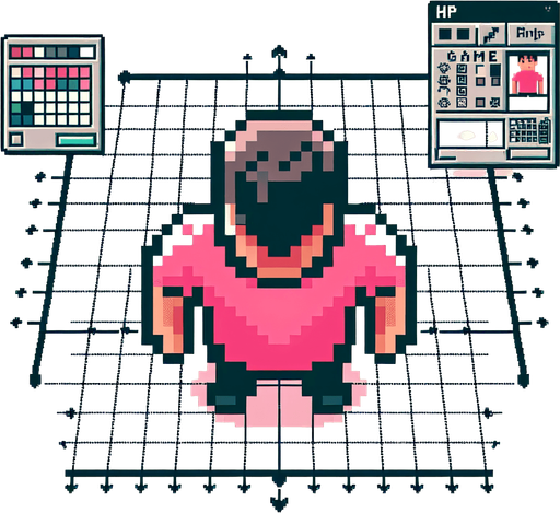 8bit character. Pink tshirt. Seen from the sky. Only see head and arms. Single Game Texture. In-Game asset. 2d. Blank background. High contrast. 
Single Game Texture. In-Game asset. 2d. Blank background. High contrast. No shadows. Single Game Texture. In-Game asset. 2d. Blank background. High contrast. No shadows.