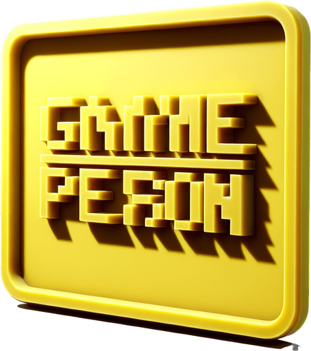 Cast plastic logo "game person" front view no perspective flat yellow, bevel simple..
Single Game Texture. In-Game asset. 2d. Blank background. High contrast. No shadows.