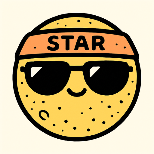 una luna redondita kawai con lentes de sol, en su frente lleva una sinta que dice STAR.
In-Game asset.  2d.  High contrast.  No shadows
