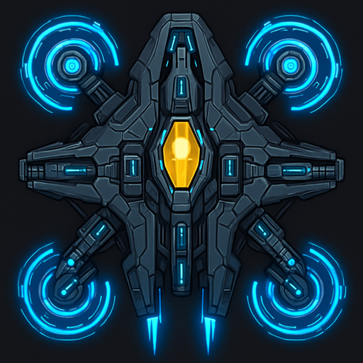 Transform the ship into a high-tech 2D top-down spacecraft. Add shield emitters with rotating energy halos, four weapon slots, side thrusters, and an enhanced cockpit with a golden or crystal-like glow. The silhouette is wider and more refined. Visuals should include detailed paneling, moving parts, and advanced energy flows..
In-Game asset.  2d.  High contrast.  No shadows