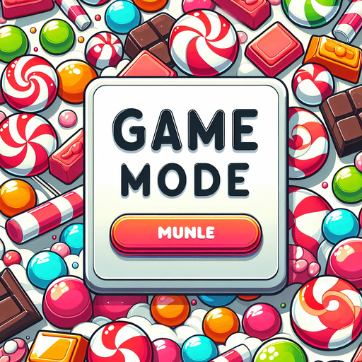 scritta game mode con sfondo caramelle.
Single Game Texture. In-Game asset. 2d. Blank background. High contrast. No shadows.