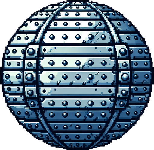 pixel art metal orb with rivets.
Single Game Texture. In-Game asset. 2d. Blank background. High contrast. No shadows.