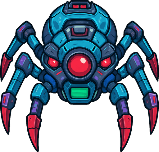 different cyber spider small enemy from the front side facing camera. HD colors. separated
In-Game asset.  2d.  High contrast.  No shadows
